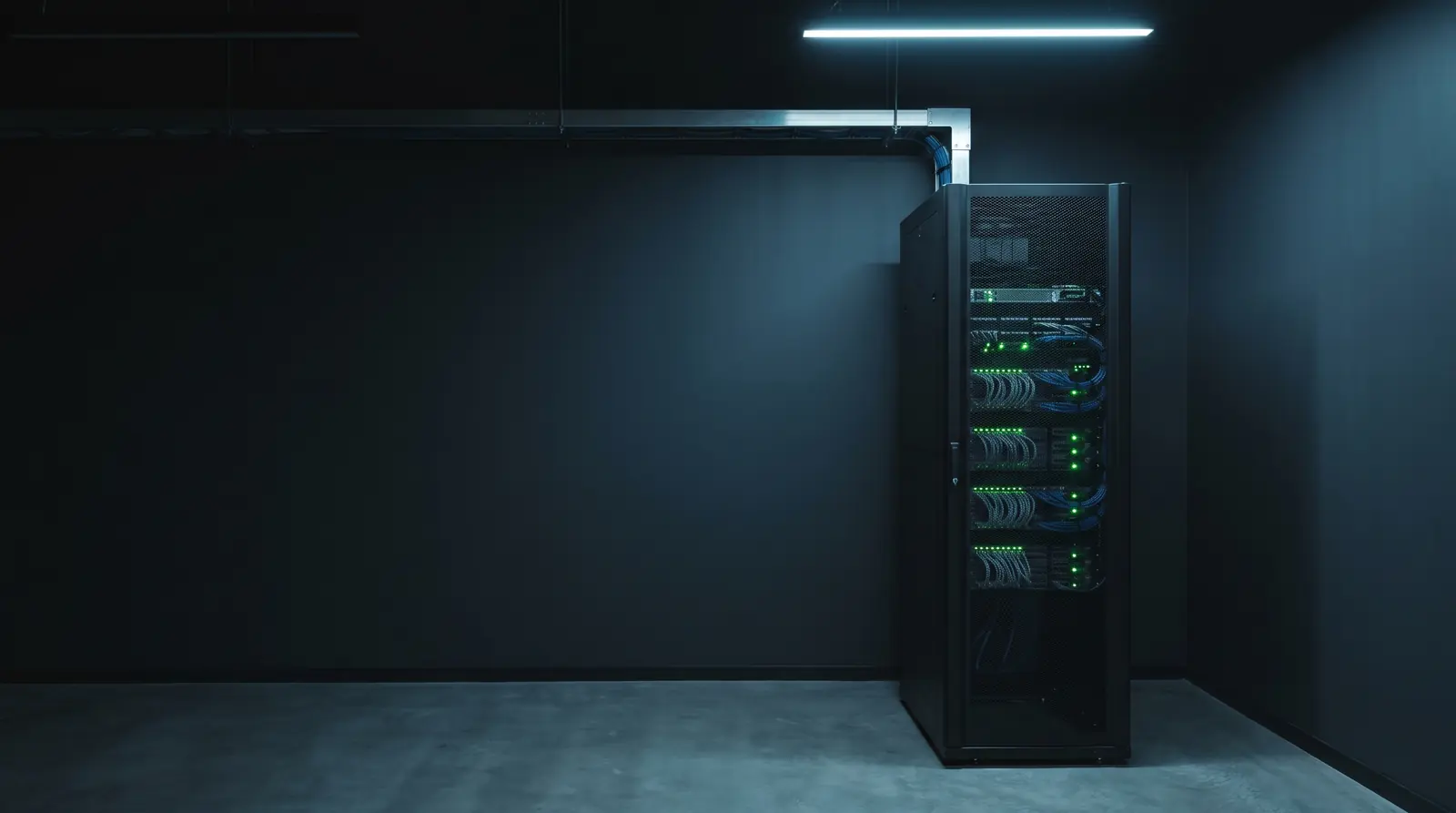 Tidy, dimly lit server room with a single rack on the right edge of the frame, its green status LEDs glowing softly.