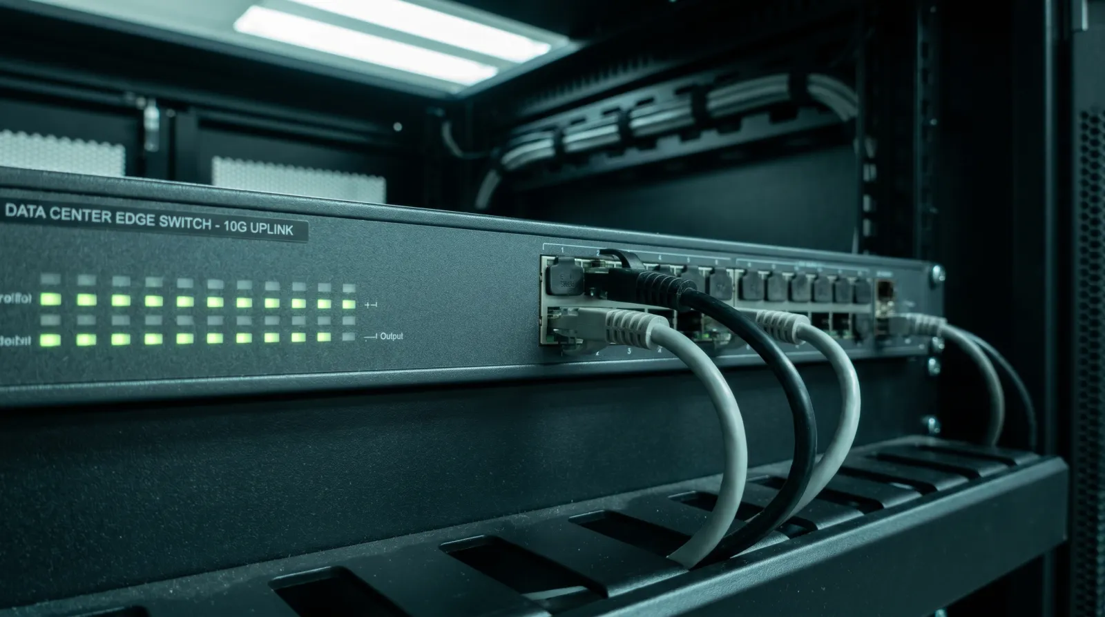 Stack of network switches with green status LEDs glowing softly.